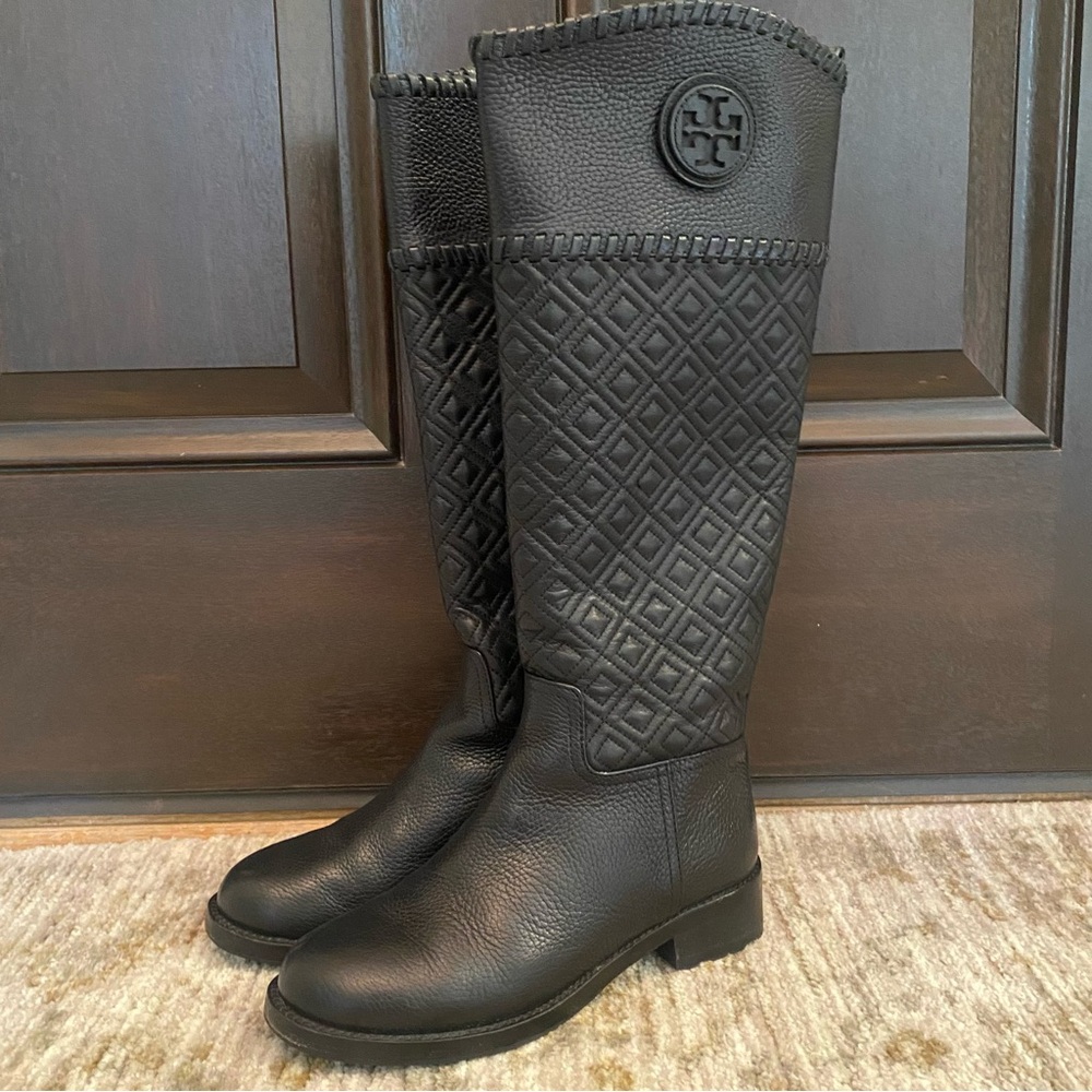 Tory Burch Marion Quilted Leather Riding Boots Black Size 7